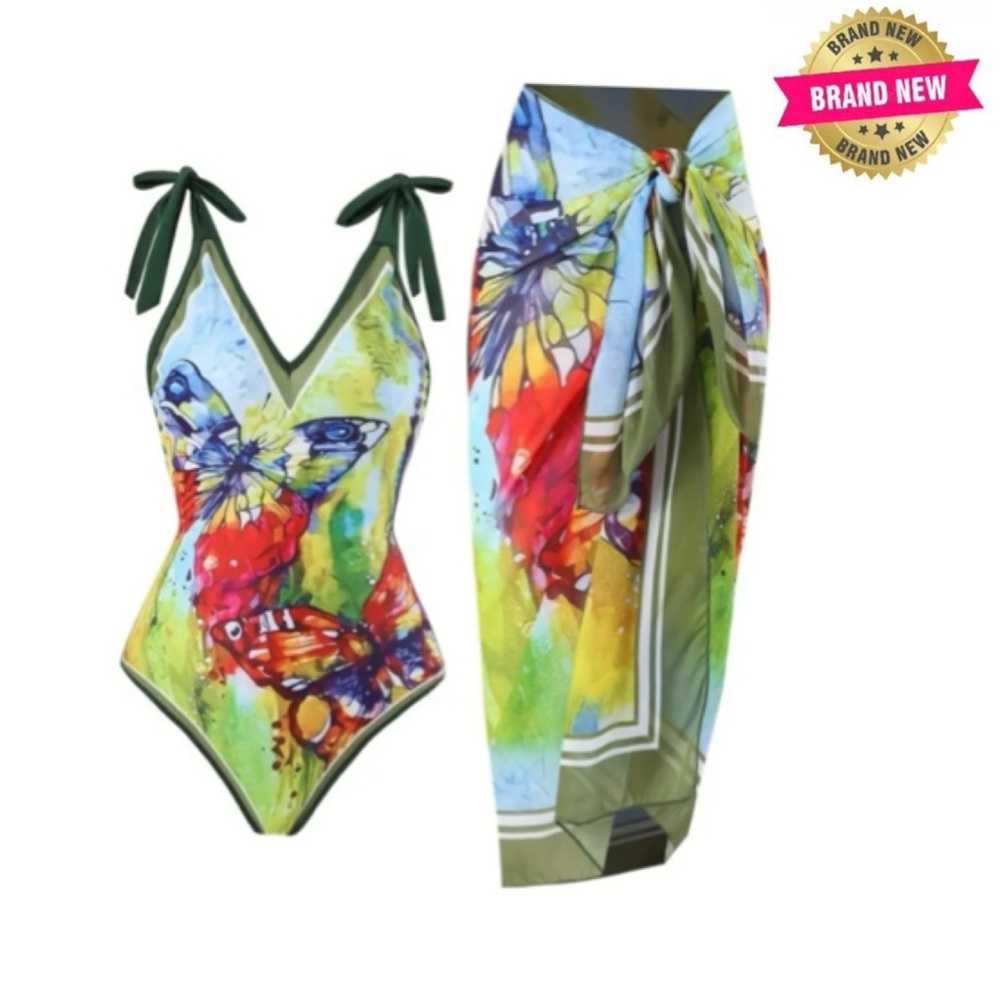 One Piece Swimsuit with Coordinating Wrap Sarong Coverup NWT
